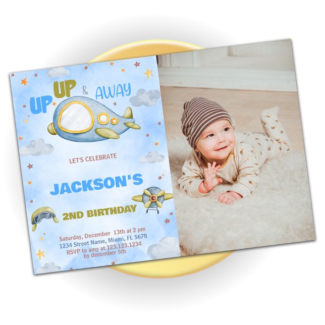 Convite Avião Aniversário Invoca Azul Laranja com foto (Airplane Birthday Invitations Blue Orange w photo)