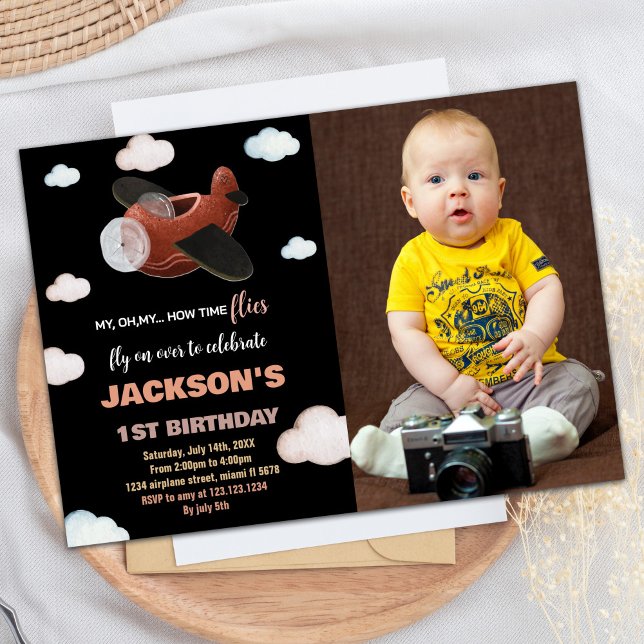 Convite Avião Aniversário Invoca Black Brown com Foto (Airplane Birthday Invitations Black Brown w Photo)