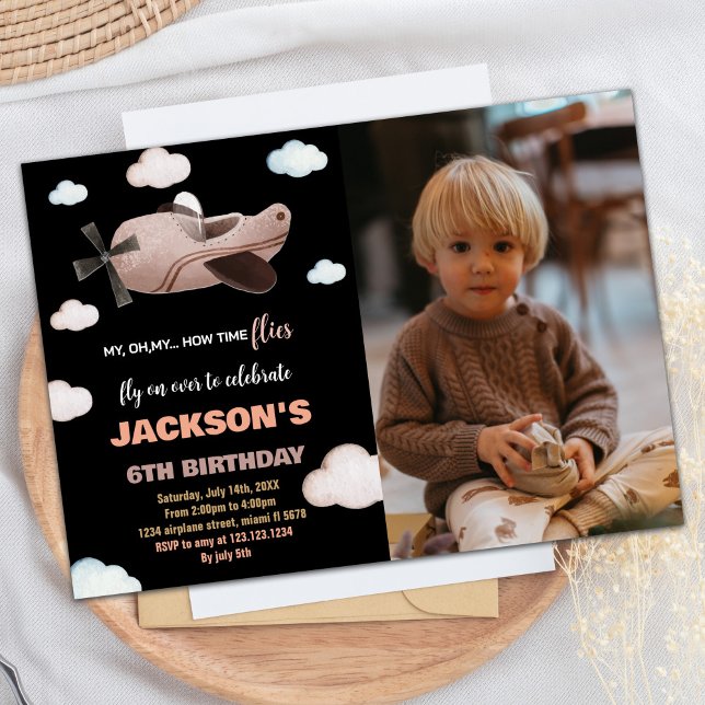 Convite Avião Aniversário Invoca Black Brown com Foto (Airplane Birthday Invitations Black Brown w Photo)