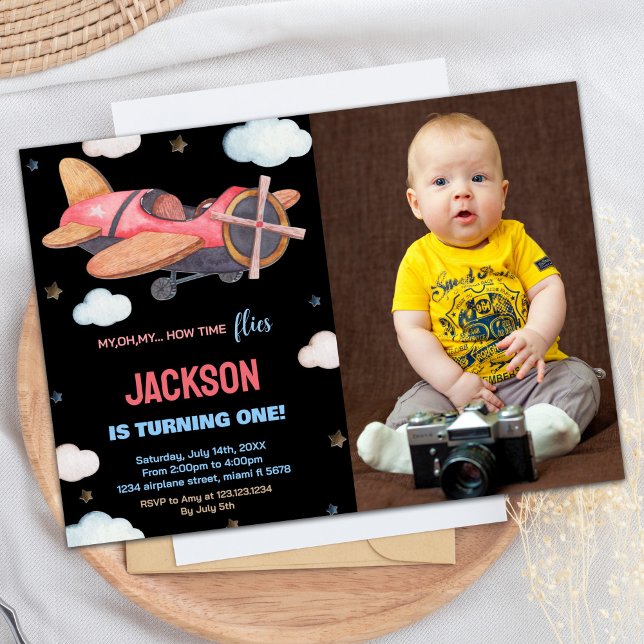 Convite Avião Aniversário Invoca Black Brown com Foto (Airplane Birthday Invitations Black Brown w Photo)