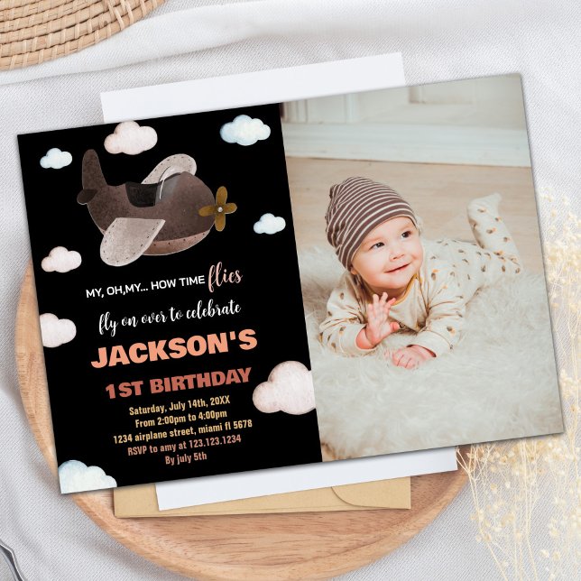 Convite Avião Aniversário Invoca Black Brown com Foto (Airplane Birthday Invitations Black Brown w Photo)