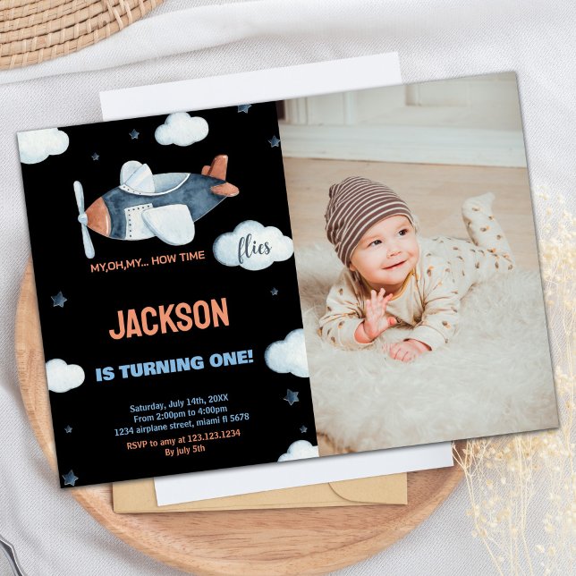 Convite Avião Aniversário Invoca Black Brown W Foto (Airplane Birthday Invitations Black Brown W Photo)