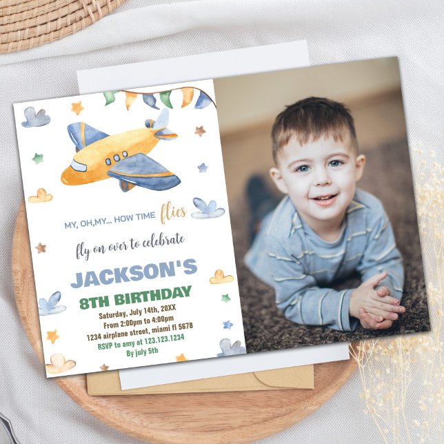 Convite Avião Aniversário Invoca Cinza Amarela W Foto (Airplane Birthday Invitations Yellow Gray W Photo)