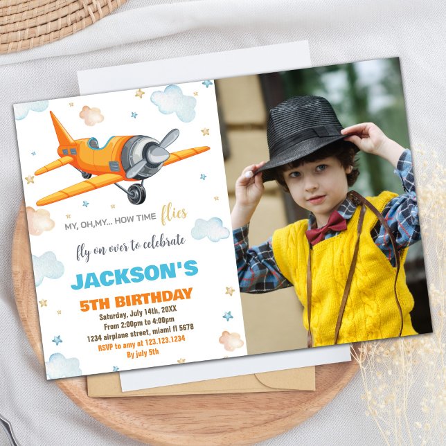 Convite Avião Aniversário Invoca Laranja Com Foto (Airplane Birthday Invitations Orange With Photo)