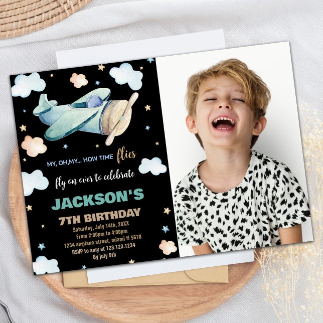 Convite Avião Aniversário Invoca Verde Marrom com Foto (Airplane Birthday Invitations Green Brown w Photo)
