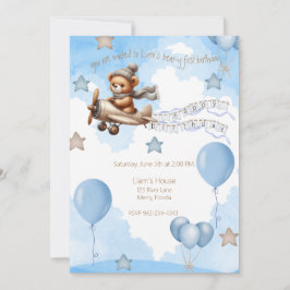 Convite Avião Bear y, azul de primeiro aniversário