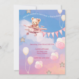 Convite Avião Bear y, cor-de-rosa de primeiro aniversário