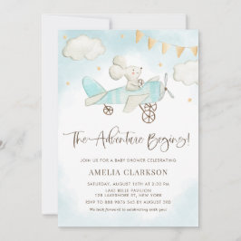 Convite Avião com Rato de Aquarela Chá de fraldas Azul