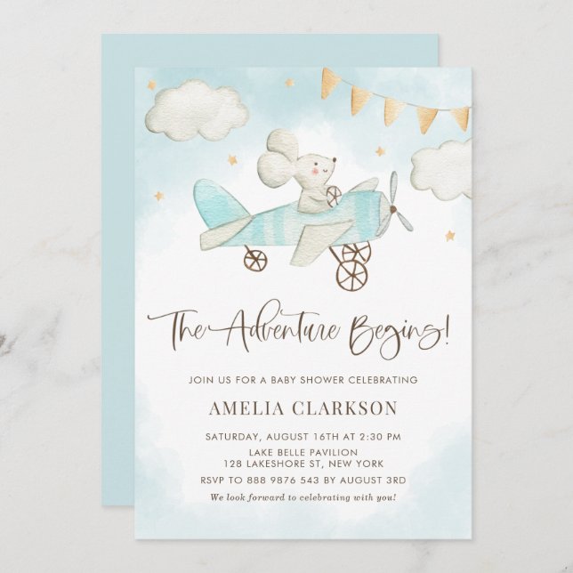 Convite Avião com Rato de Aquarela Chá de fraldas Azul (Frente/Verso)