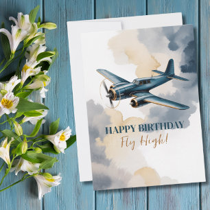 Convite Avião de Aniversário Azul e Dourado Aquarela Elega