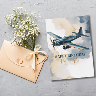 Convite Avião de Aniversário Azul e Dourado Aquarela Elega