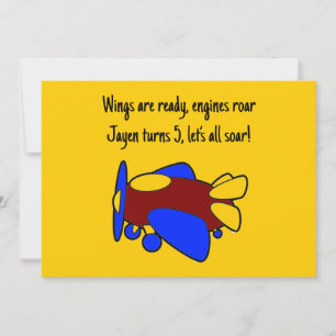 Convite Avião de desenho animado vermelho amarelo azul fof