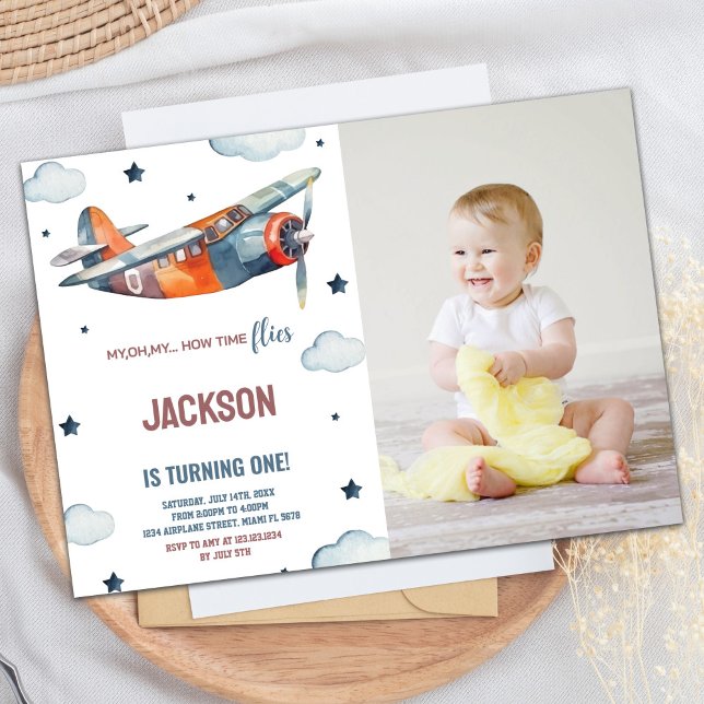 Convite Avião inventa laranja com foto (Airplane Birthday Invitations Orange With photo)