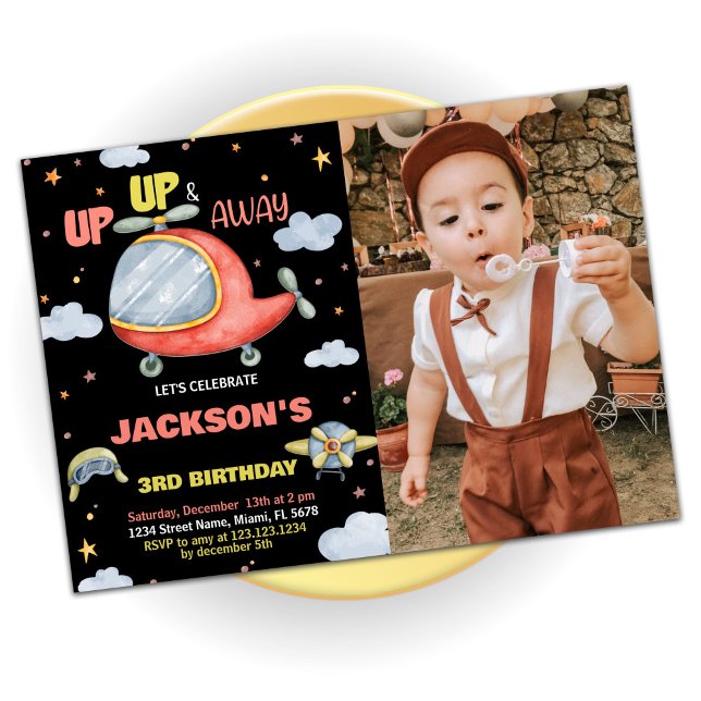 Convite Avião inventa preto vermelho com foto (Airplane Birthday Invitations Red Black with Photo)