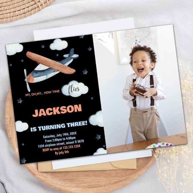 Convite Avião Invitos de Aniversário Cinza Laranja com Fot (Airplane Birthday Invitations Gray Orange w Photo)