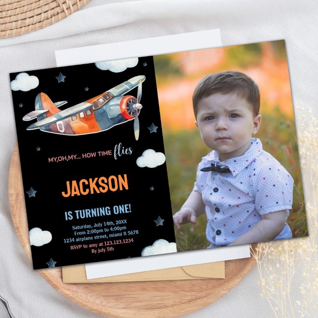 Convite Avião Invoca Aniversário Laranja Negro com Foto (Airplane Birthday Invitations Black Orange w Photo)