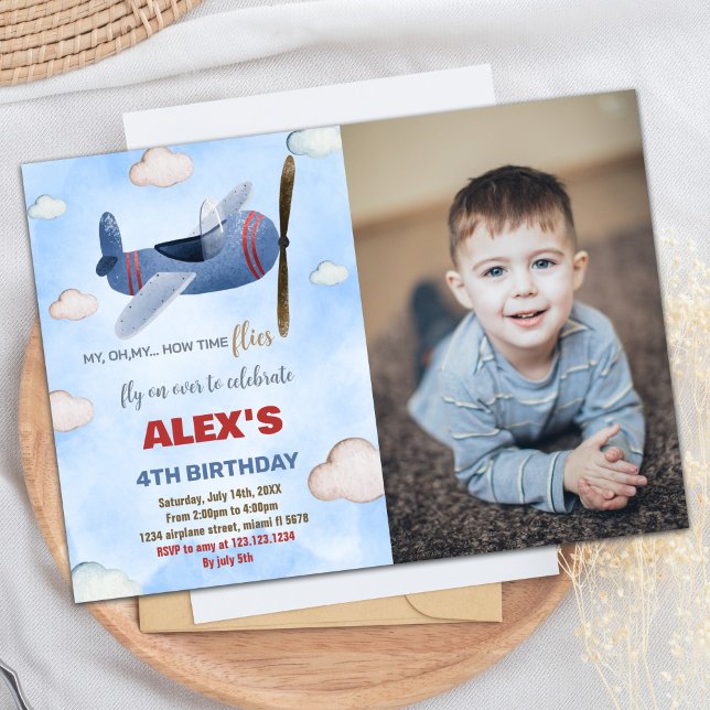 Convite Avião Invoca Azul Vermelho com Foto (Airplane Birthday Invitations Blue Red With photo)
