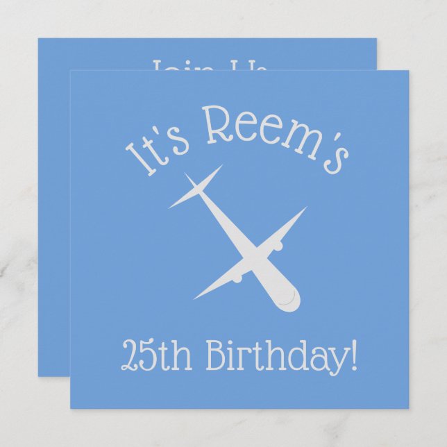 Convite Avião no Aniversário Personalizado Elegante Azul (Frente/Verso)