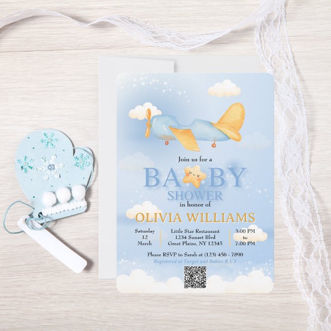 Convite Avião,Nuvens e Estrelas, Azul, Menino, Bonito (Criador carregado)