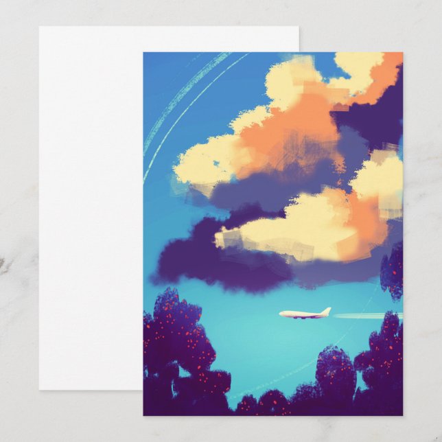 Convite Avião Pequeno em Nuvens Laranja  (Frente/Verso)