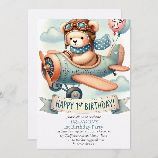 Convite Avião primeiro aniversario para cima e para fora (Frente/Verso)
