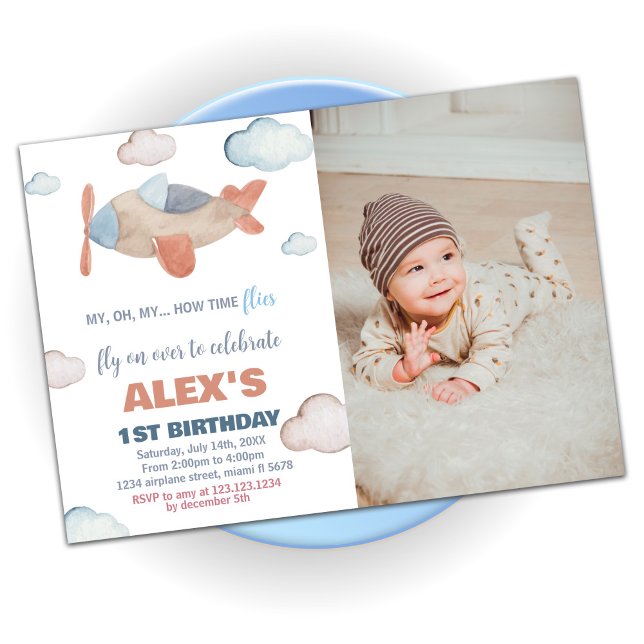 Convite Avião Voos de Aniversário Laranja com foto (Airplane Birthday Invitations Orange with photo)