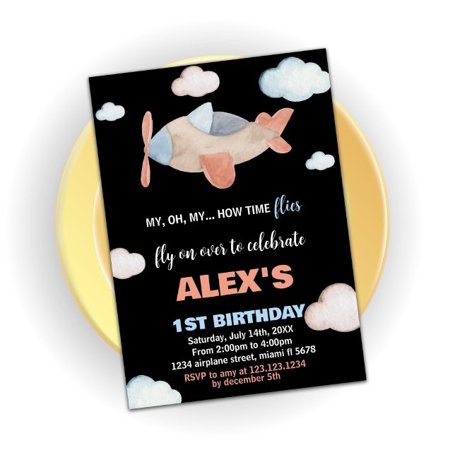Convite Avião Voos de Aniversário Laranja Negro (Airplane Birthday Invitations Orange Black)