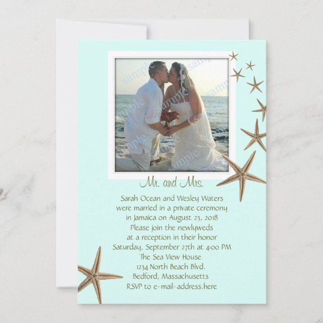 Convite Avisos de Casamento Blue Starfish Apenas Recepção (Frente)
