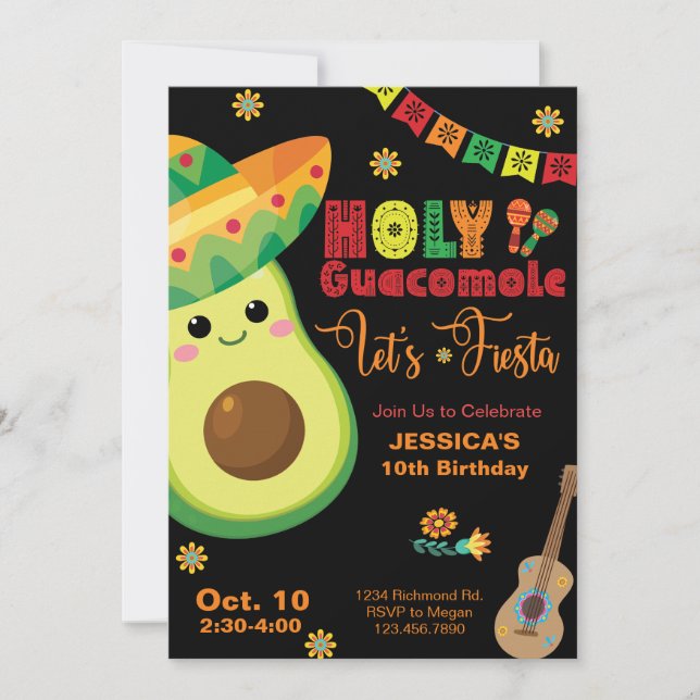 Convite Avocado Birthday Fiesta Party Kids Green Red (Frente)