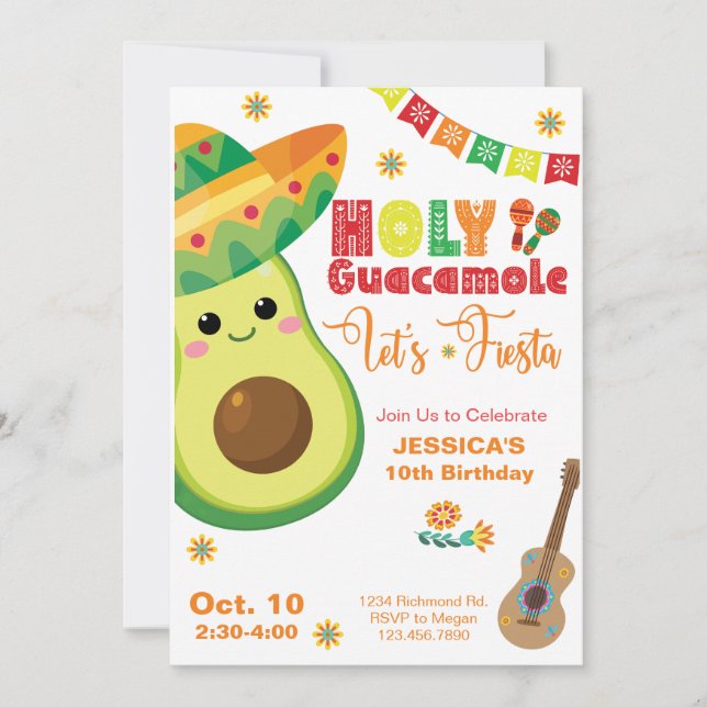 Convite Avocado Birthday Fiesta Party Kids Green Red (Frente)