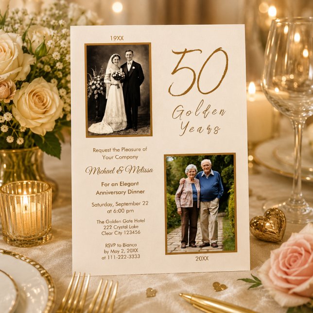 Convite Avós Celebração de 50 Anos de Ouro (Elegant ivory and gold 50th anniversary dinner invitation with romantic candlelight and vintage phot)