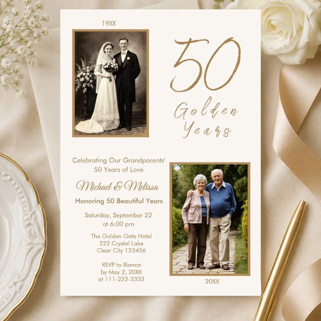 Convite Avós Celebração de 50 Anos de Ouro (Elegant ivory and gold grandparents 50th anniversary invitation with photo)