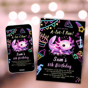 Convite Axolotl Aniversário Festa Neon Axolotl