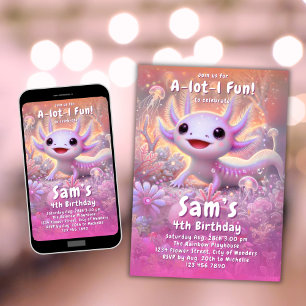 Convite Axolotl Birthday Invitation Girls Rosa Axolotl