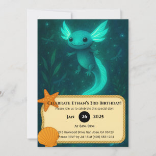 Convite Axolotl brilhante no Aniversário Mágico Submarino