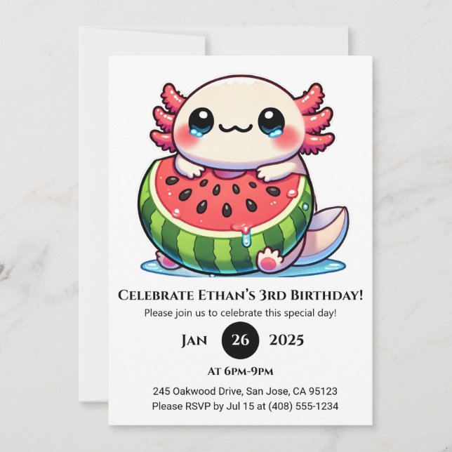 Convite Axolotl in Watermelon Float Birthday (Frente)