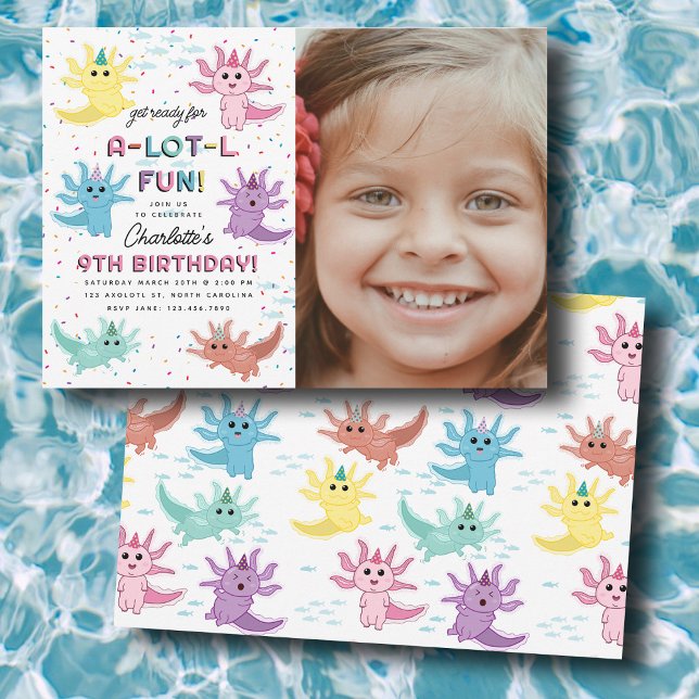 Convite Axolotl Kids Cute Salamander Photo Festa de aniver (Axolotl Kids Cute Salamander Photo Birthday Party Invitation)