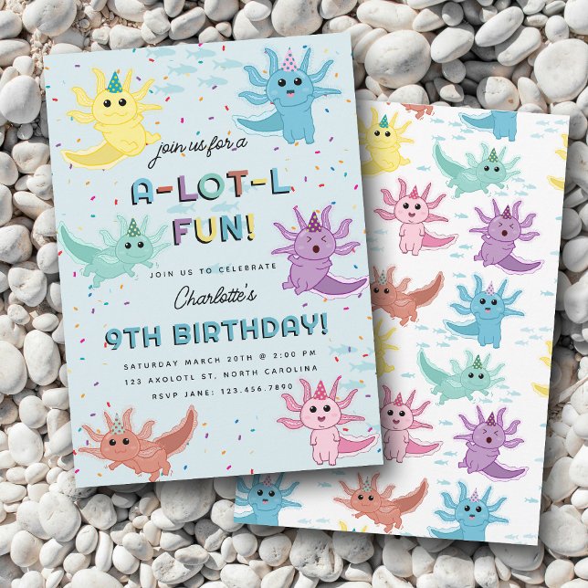 Convite Axolotl Kids Salamander Festa de aniversário Azul (Axolotl Kids Cute Salamander Blue Birthday Party Invitation)