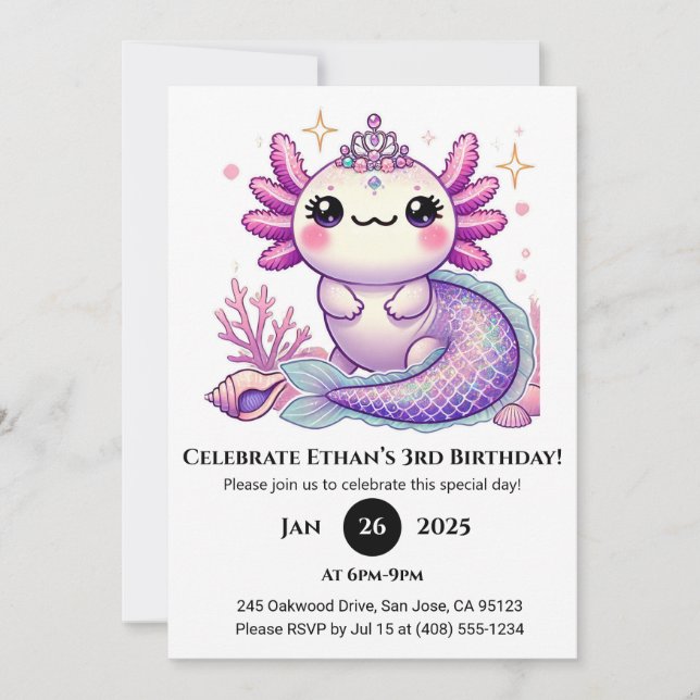 Convite Axolotl Mermaid Princess Birthday (Frente)