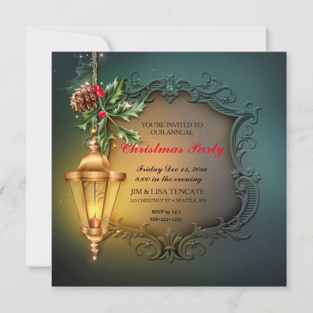 Convite Azevinho de Lanterna Brilhante Pinha de Natal Féri (Frente)