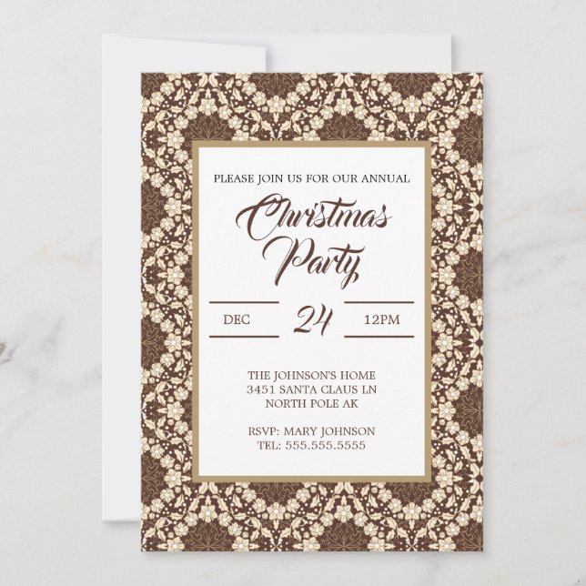 Convite Azevinho de Natal, Vintage Creme e Marrom (Frente)