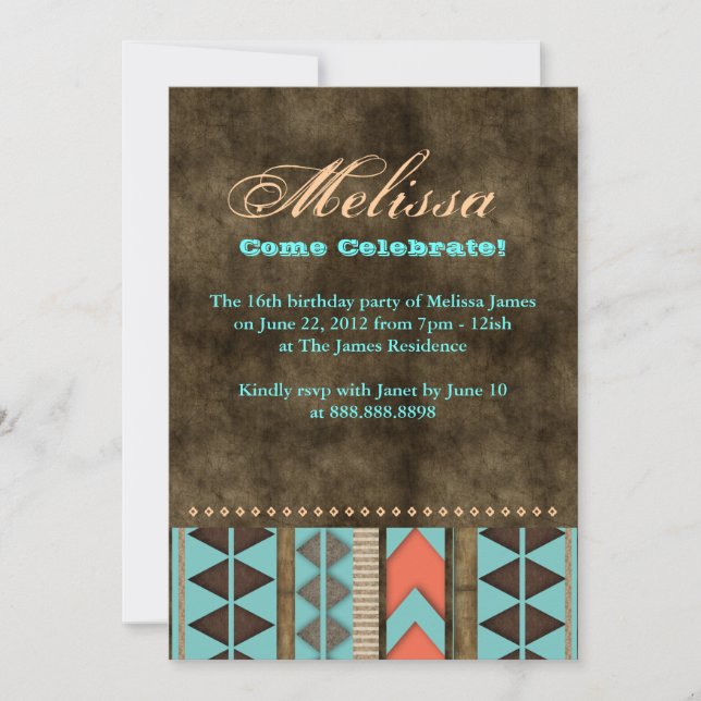 Convite Aztec Sweet 16 Invitation Blue Brown Legal Padrão (Frente)