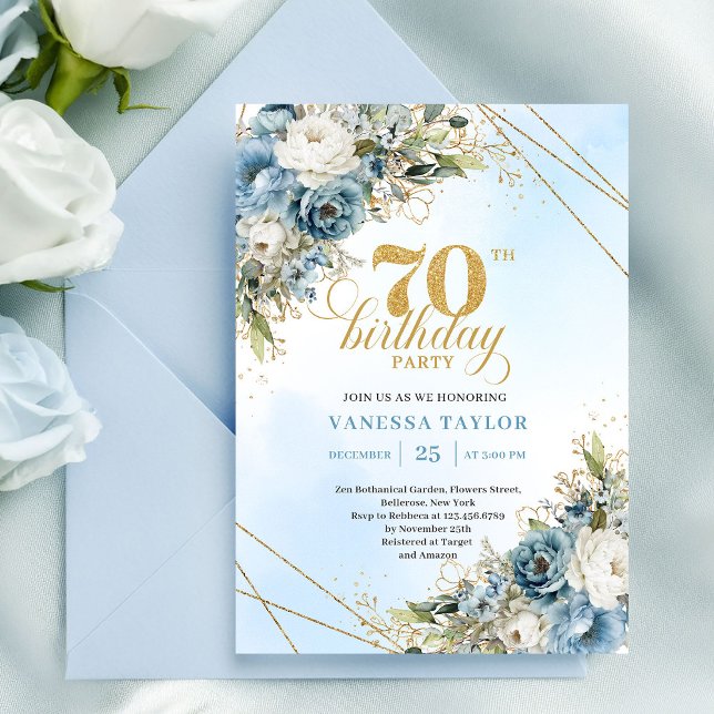 Convite Azuis florais suaves aquarela dourado 70º aniversá (Soft watercolor blue florals gold 70th birthday invite

)