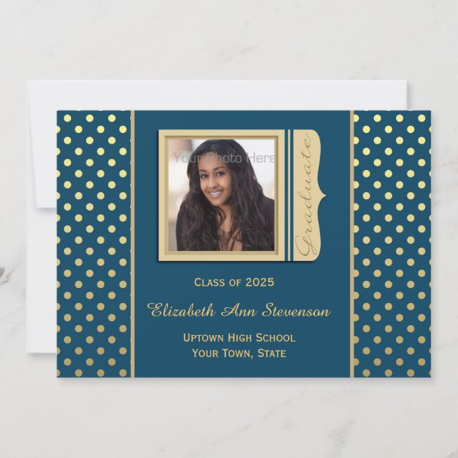 Convite Azuis marinhos, bolinhas Dourados, foto da (Frente)