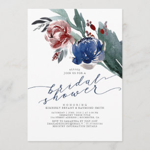 Convite Azuis marinhos & chá de panela elegante floral de