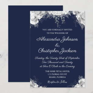 Convite Azuis marinhos e casamento floral de Pearl White