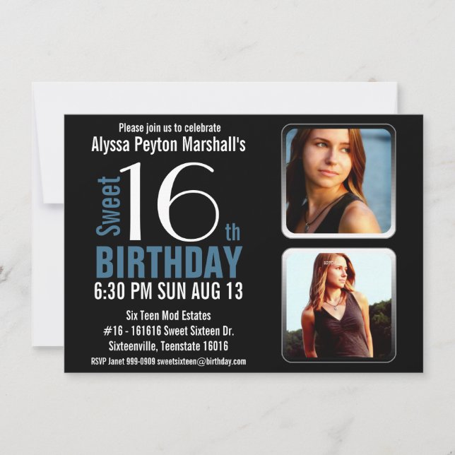 Convite Azuis modernos e enegrecem 2 o partido do doce 16 (Frente)