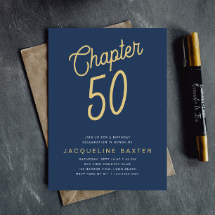 Convite Azul 50º aniversário Dourado Script 50
