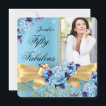 Convite Azul 50 e Fabuloso Arco de Foto Dourado Aniversári<br><div class="desc">Fabuloso 50, Foto, Dourado Rosa azul roxo com arco e damasco dourado. Moderno Elegante e Na moda 50º Convites de aniversário. Todos os convites de Ocasion para adicionar fotos. Todos os convites de aniversário de Ocasiões. Personalize com seus próprios detalhes e idade. Modelo para Sweet 16, 16, Quinceanera 15, 18,...</div>