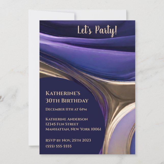 Convite Azul Abstrato de festa de aniversário, Roxo e Dour (Frente)